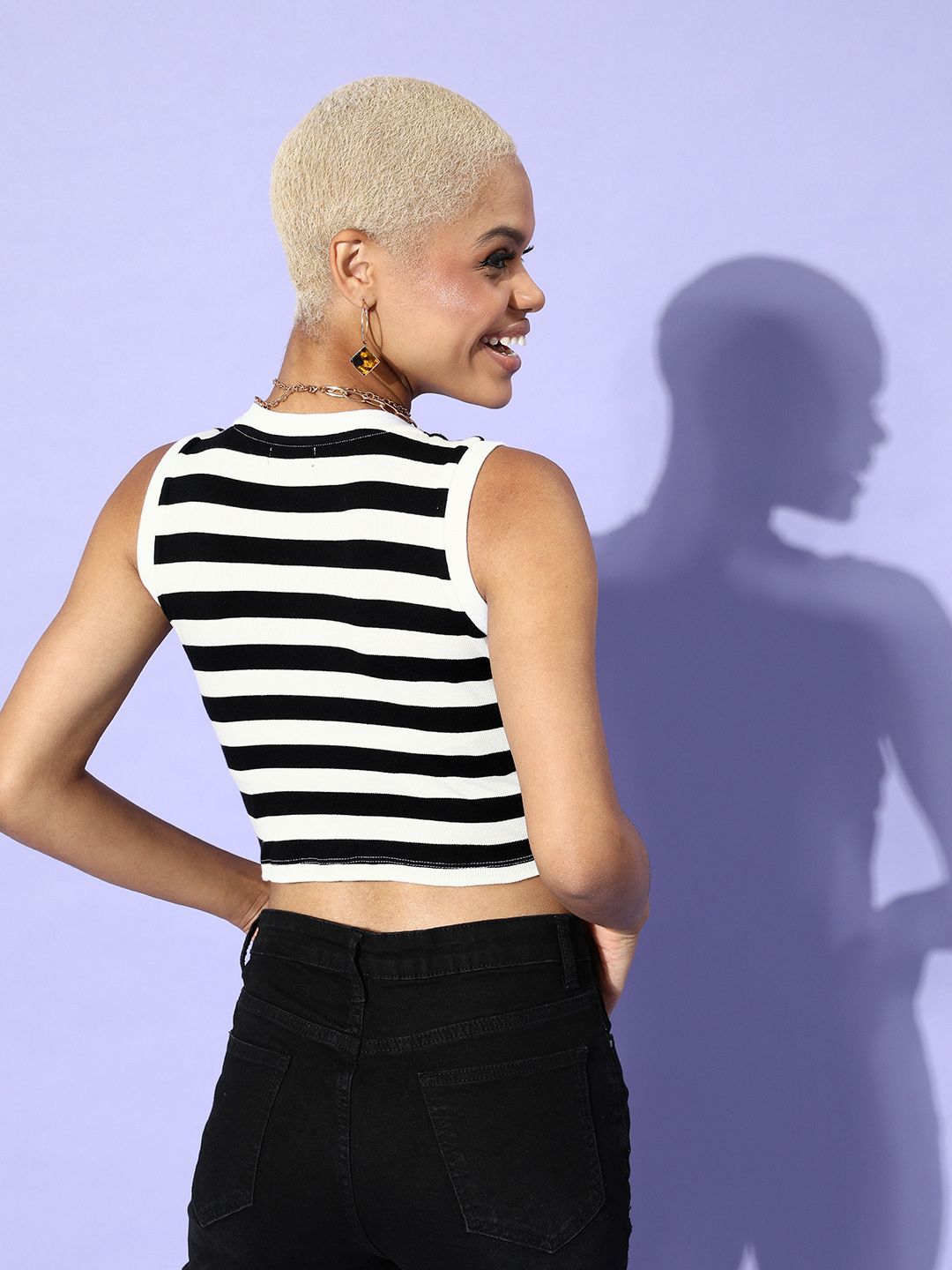 SASSAFRAS Black & White Striped Monochrome Tank Crop Top