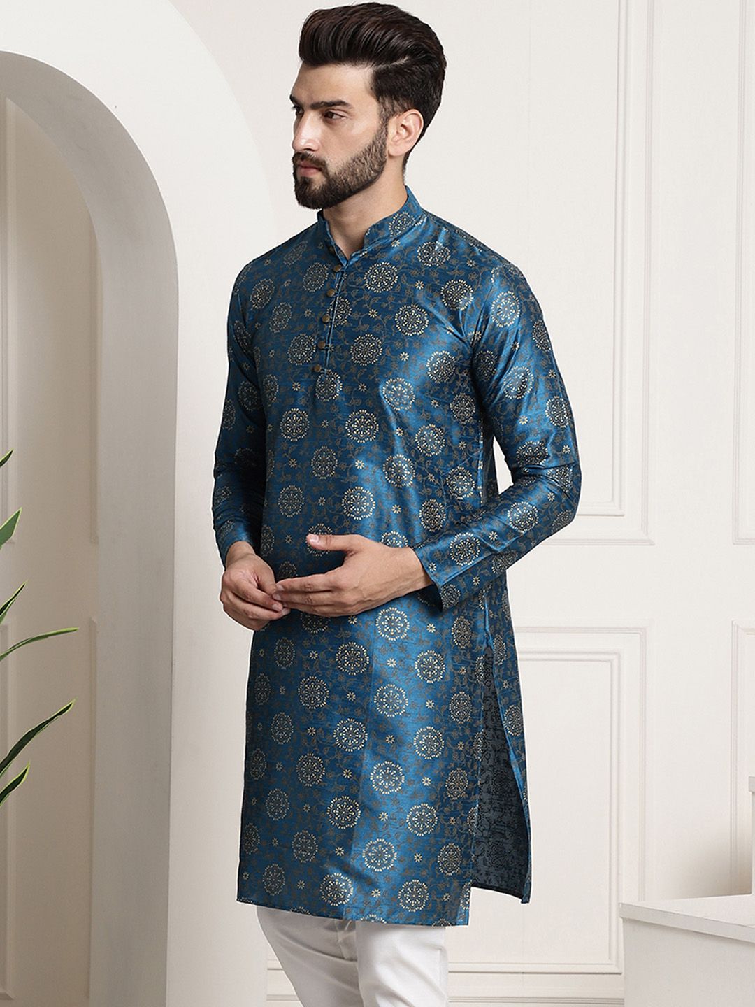 SOJANYA Men Teal Blue & Golden Ethnic Motifs Printed Kurta