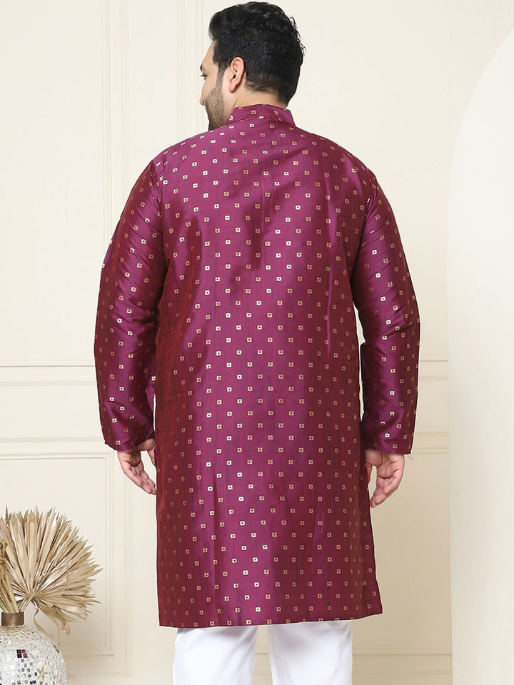 SOJANYA PLUS Men Plus Size Burgundy & Golden Geometric Jacquard Kurta