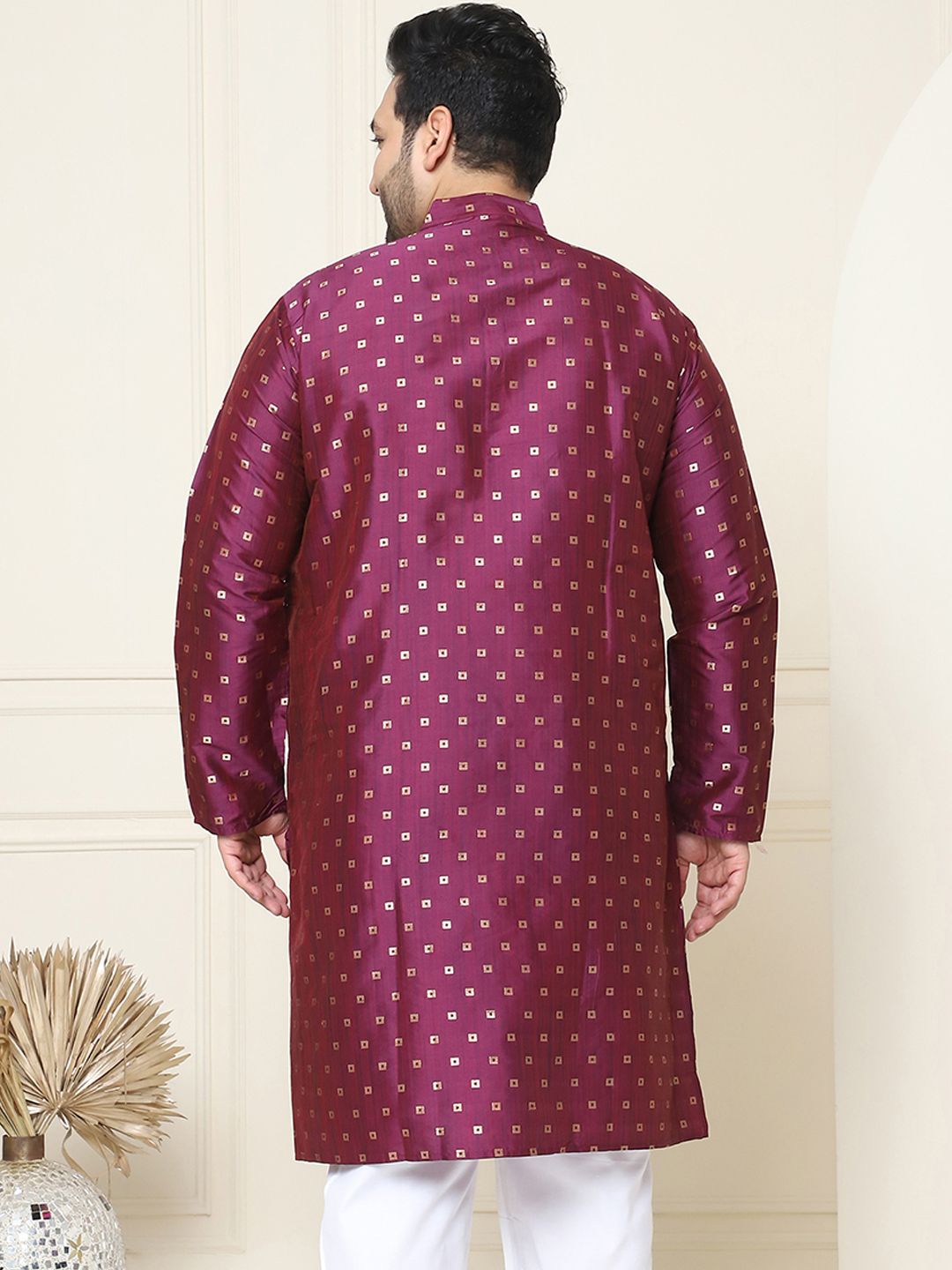 SOJANYA PLUS Men Plus Size Burgundy & Golden Geometric Jacquard Kurta