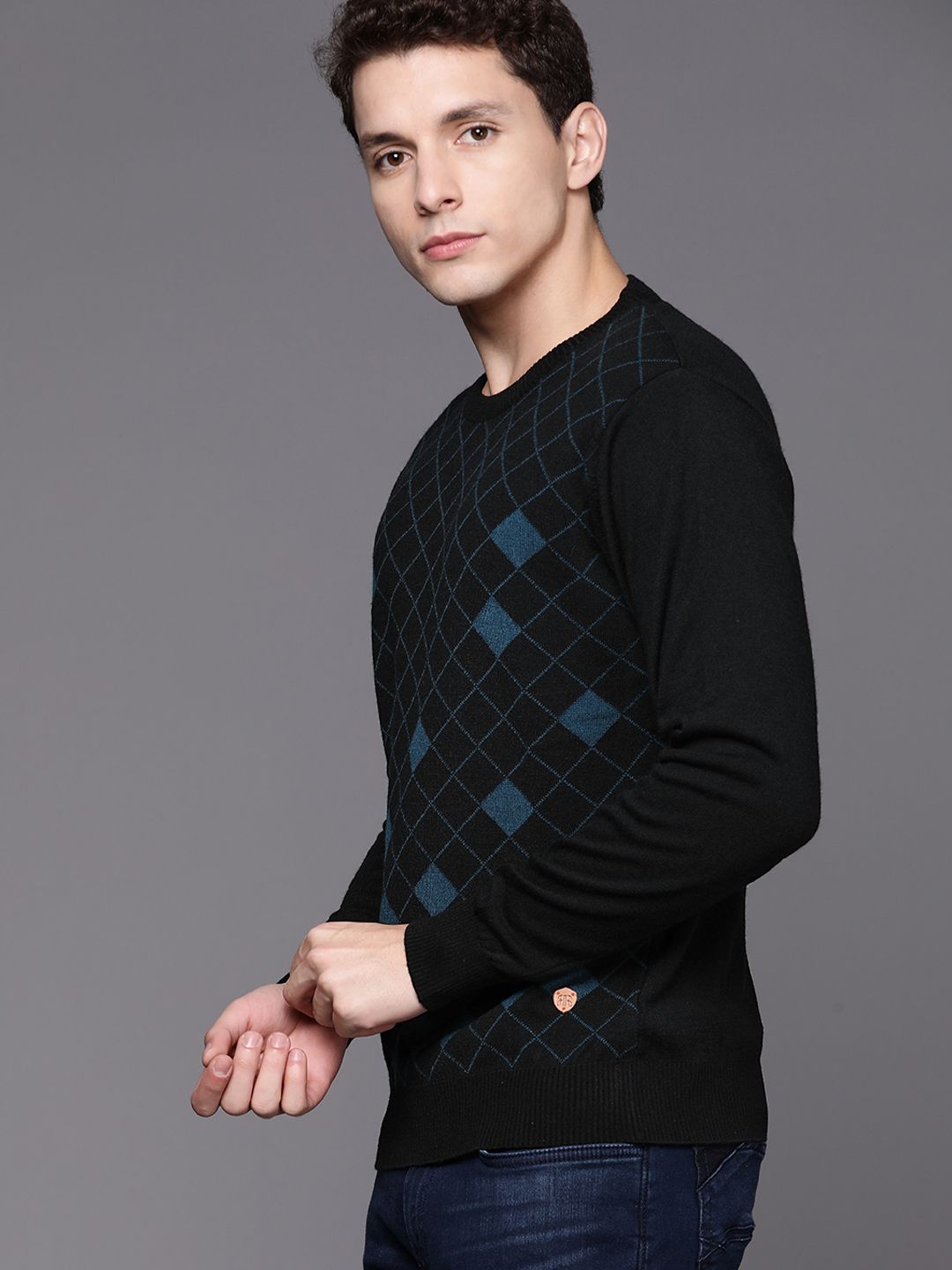 Raymond Men Black & Teal Blue Checked Pullover