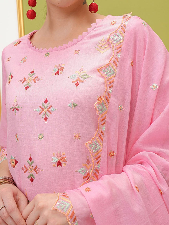 Vishudh Embroidered Regular Thread Work Pure Cotton Kurta with Trousers & With Dupatta