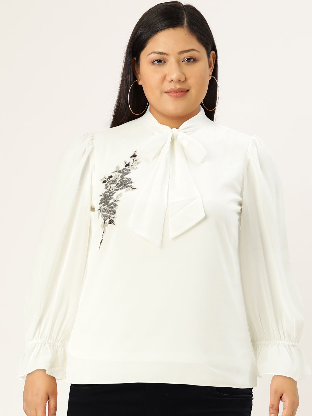 AND Embellished Tie-Up Neck Puff Sleeves Top