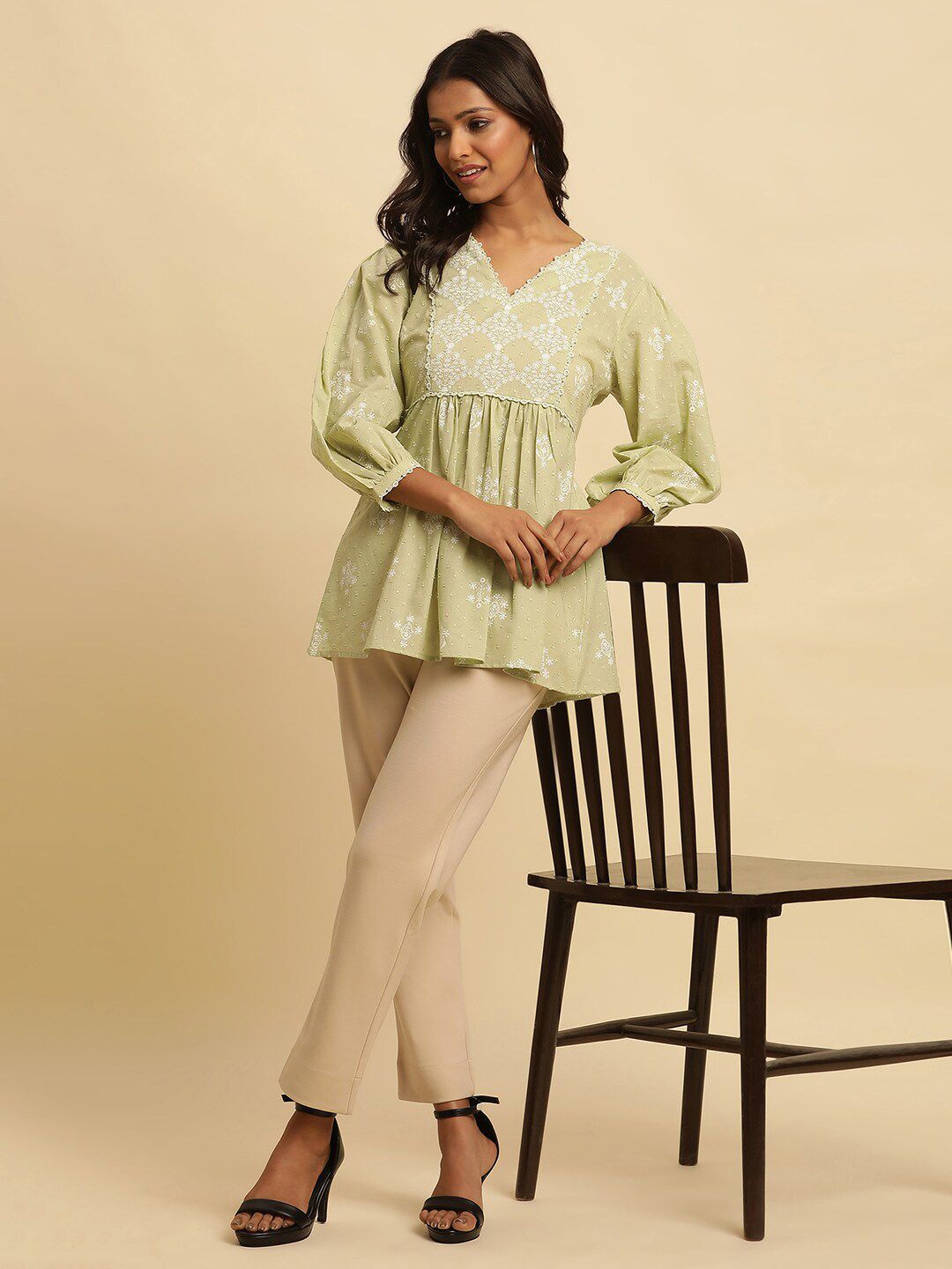 W Green & White Floral Printed Puff Sleeve Pure Cotton A-Line Top