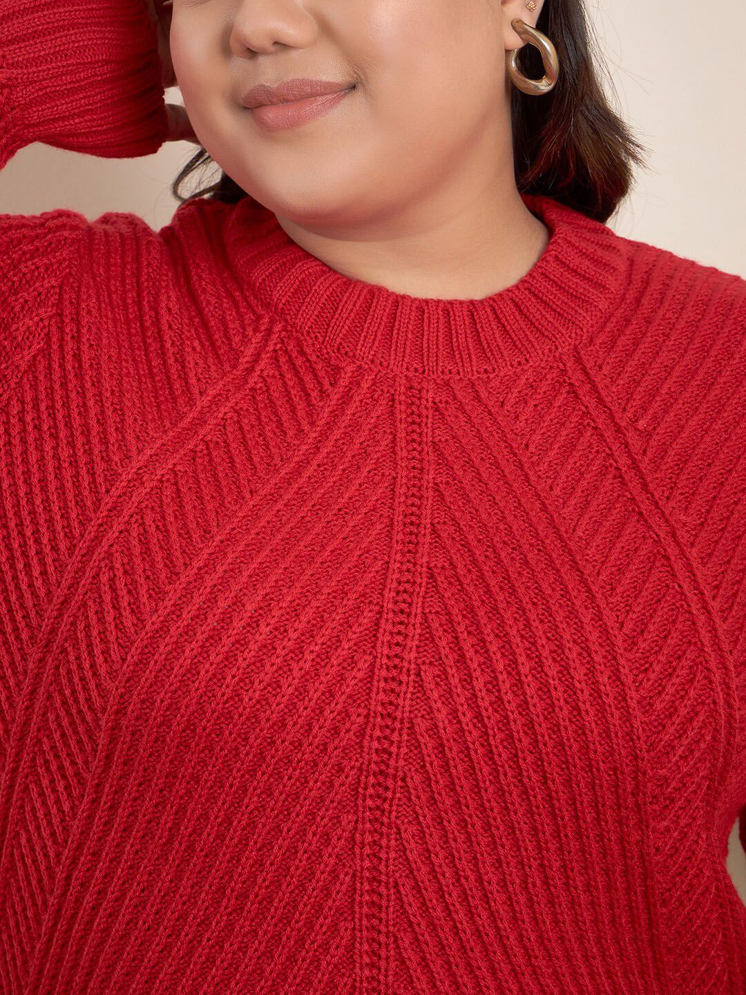 CURVY STREET Plus Size Geometric Self Design Pure Acrylic Pullover