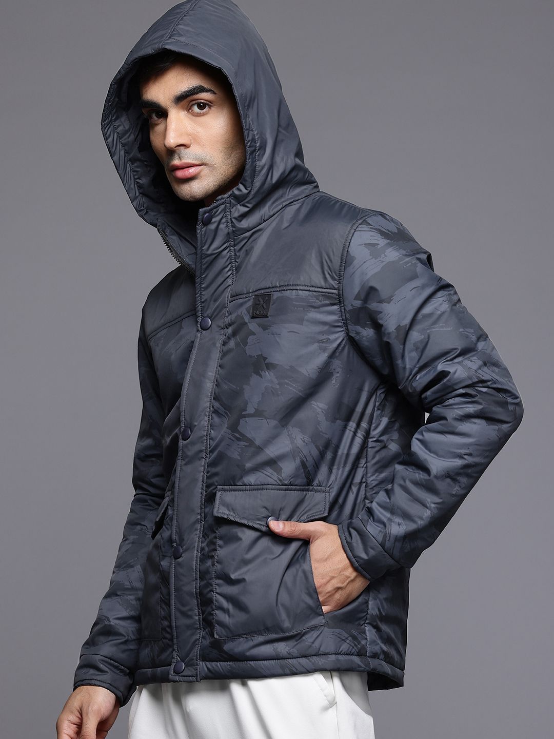 HRX by Hrithik Roshan Abstract Print Hooded Padded Jacket