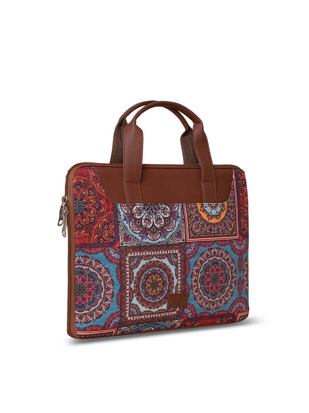 ZOUK Women Brown & Blue Printed Jute Laptop Sleeve