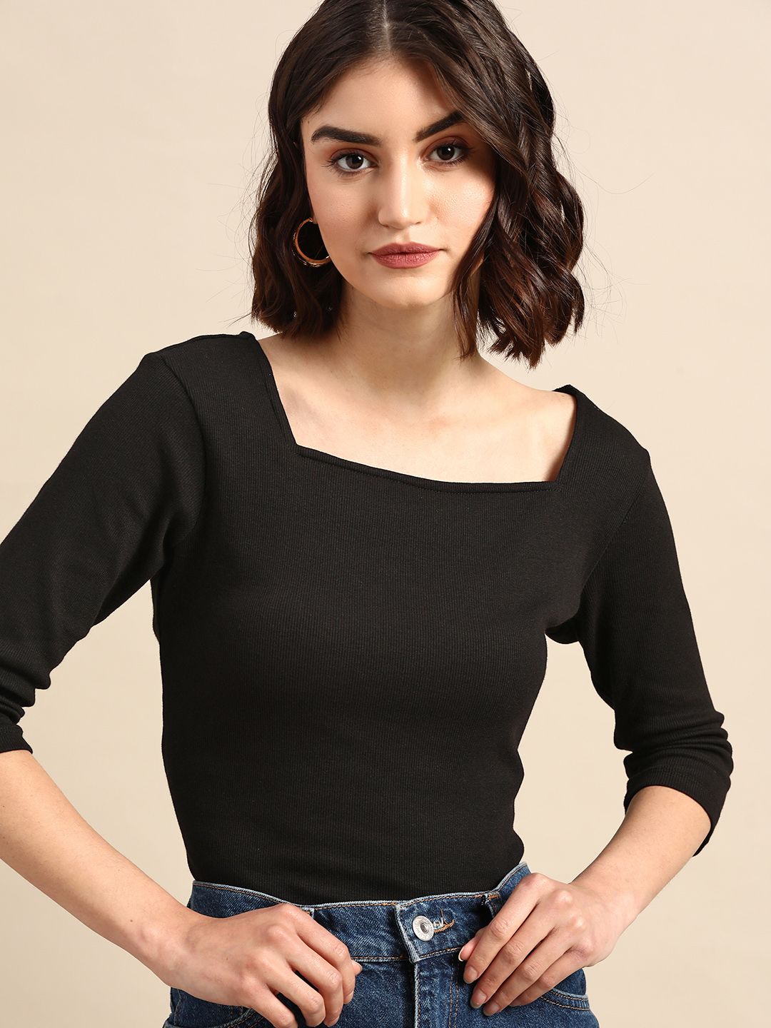 all about you Women Black Solid Square Neck Top
