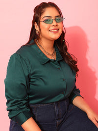CURVY STREET Plus Size Green Classic Satin Casual Shirt