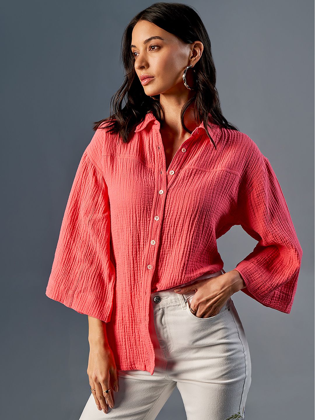 AND Shirt Collar Flared Sleeve Cotton Shirt Style Top