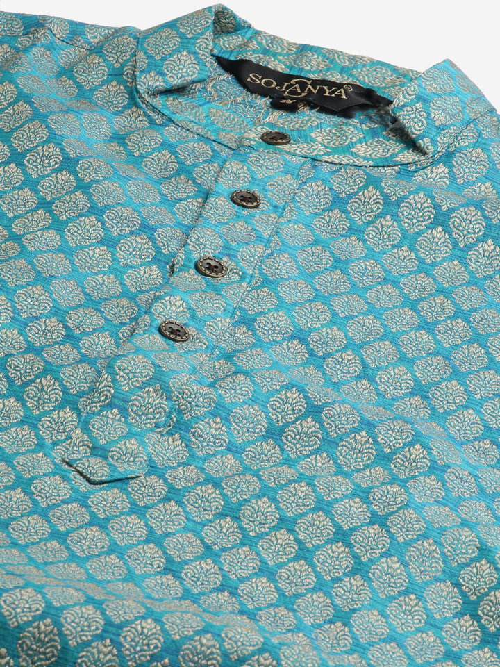 SOJANYA Men Blue Ethnic Motifs Kurta with Churidar & Nehru Jacket