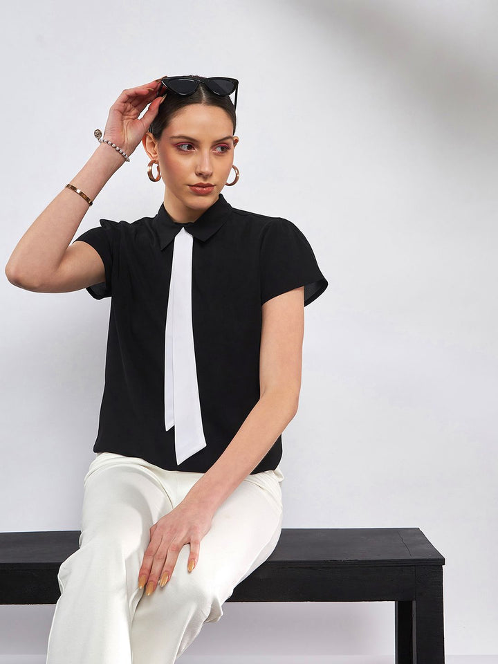SASSAFRAS Black Shirt Collar Tie Detailed Georgette Top