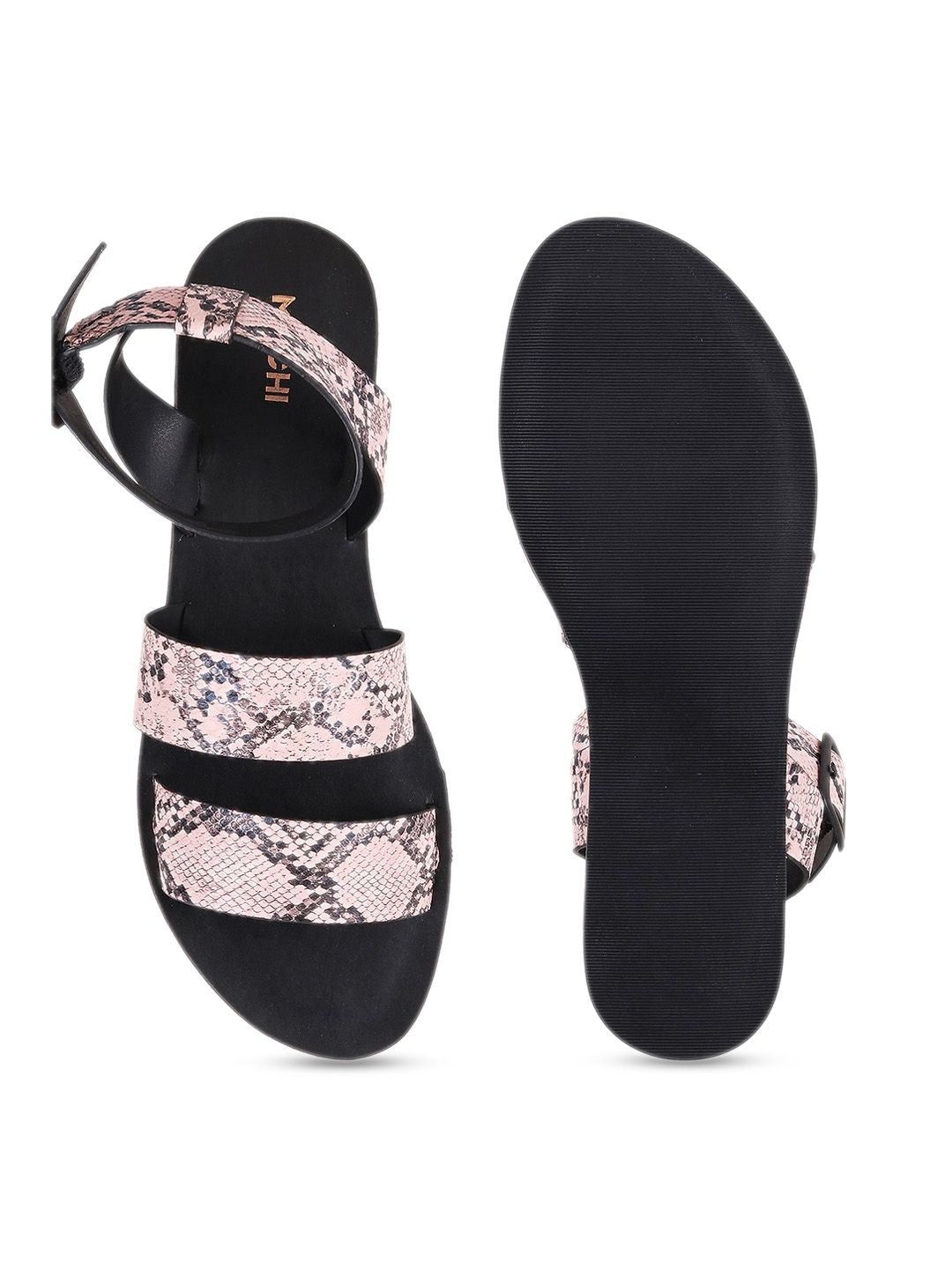 Mochi Printed Open Toe Flats With Ankle Loop