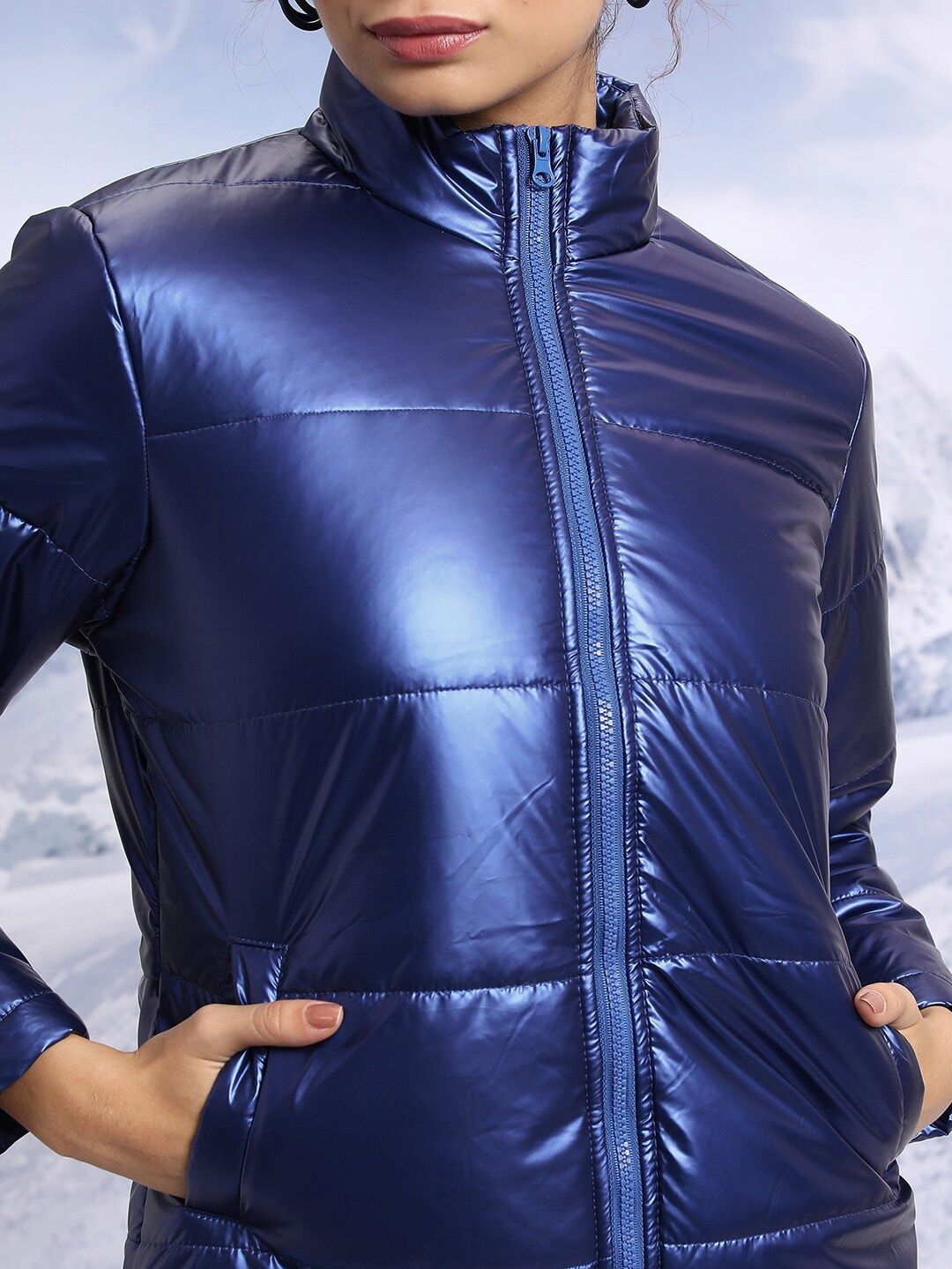 Tokyo Talkies Navy Blue Stand Collar Padded Jacket