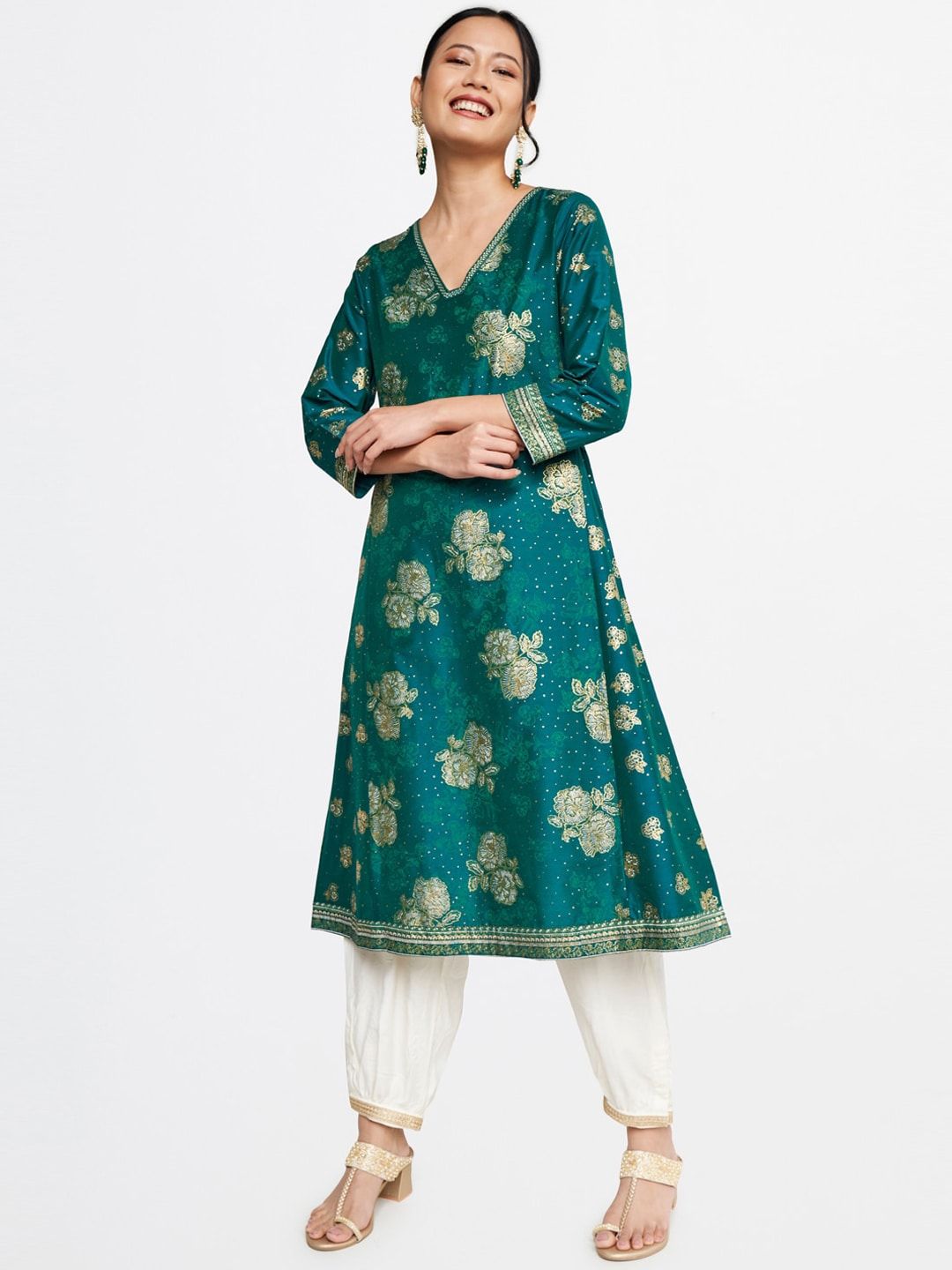 Global Desi V-Neck Floral Printed Anarkali Kurta