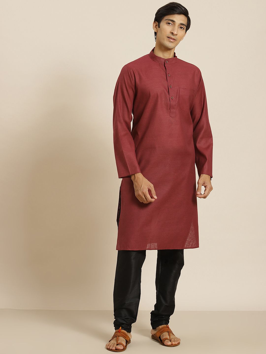 SOJANYA Men Maroon Cotton Self-Striped Straight Kurta