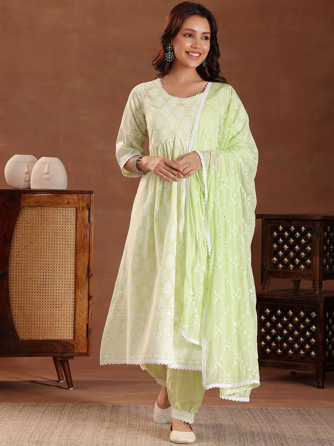 Libas Floral Embroidered Thread Work Pure Cotton A-Line Kurta Set