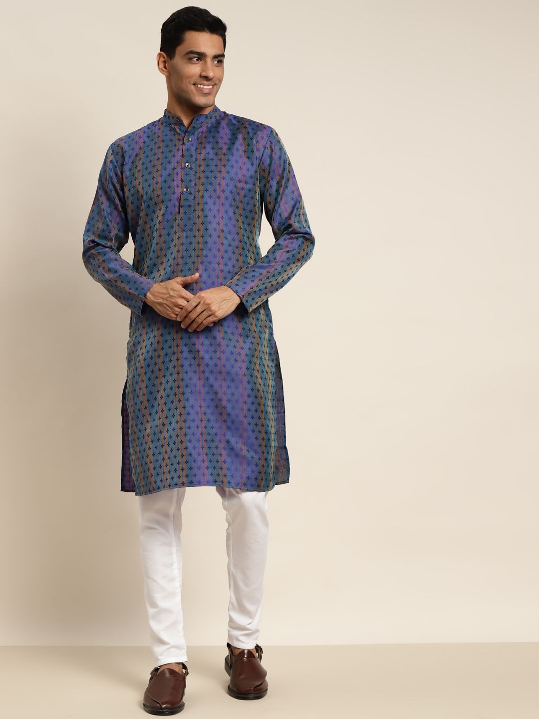 SOJANYA Men Blue & Green Ethnic Motifs Kurta