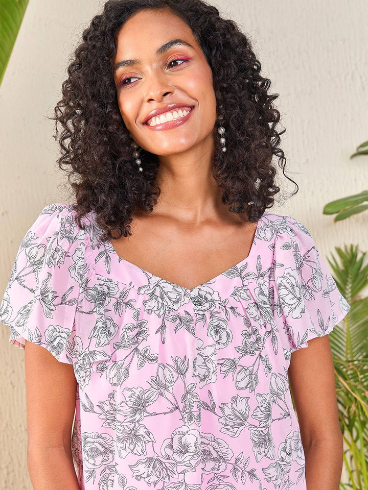 SASSAFRAS Pink Floral Printed Flutter Sleeve Georgette Top