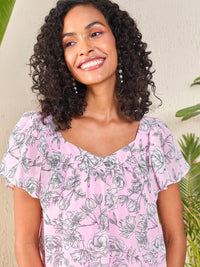 SASSAFRAS Pink Floral Printed Flutter Sleeve Georgette Top