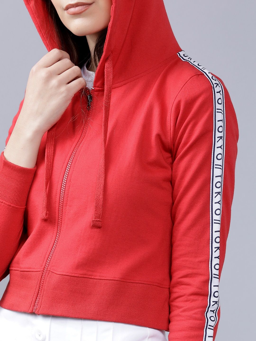 Tokyo Talkies Women Red Solid Hooded Sweatshirt