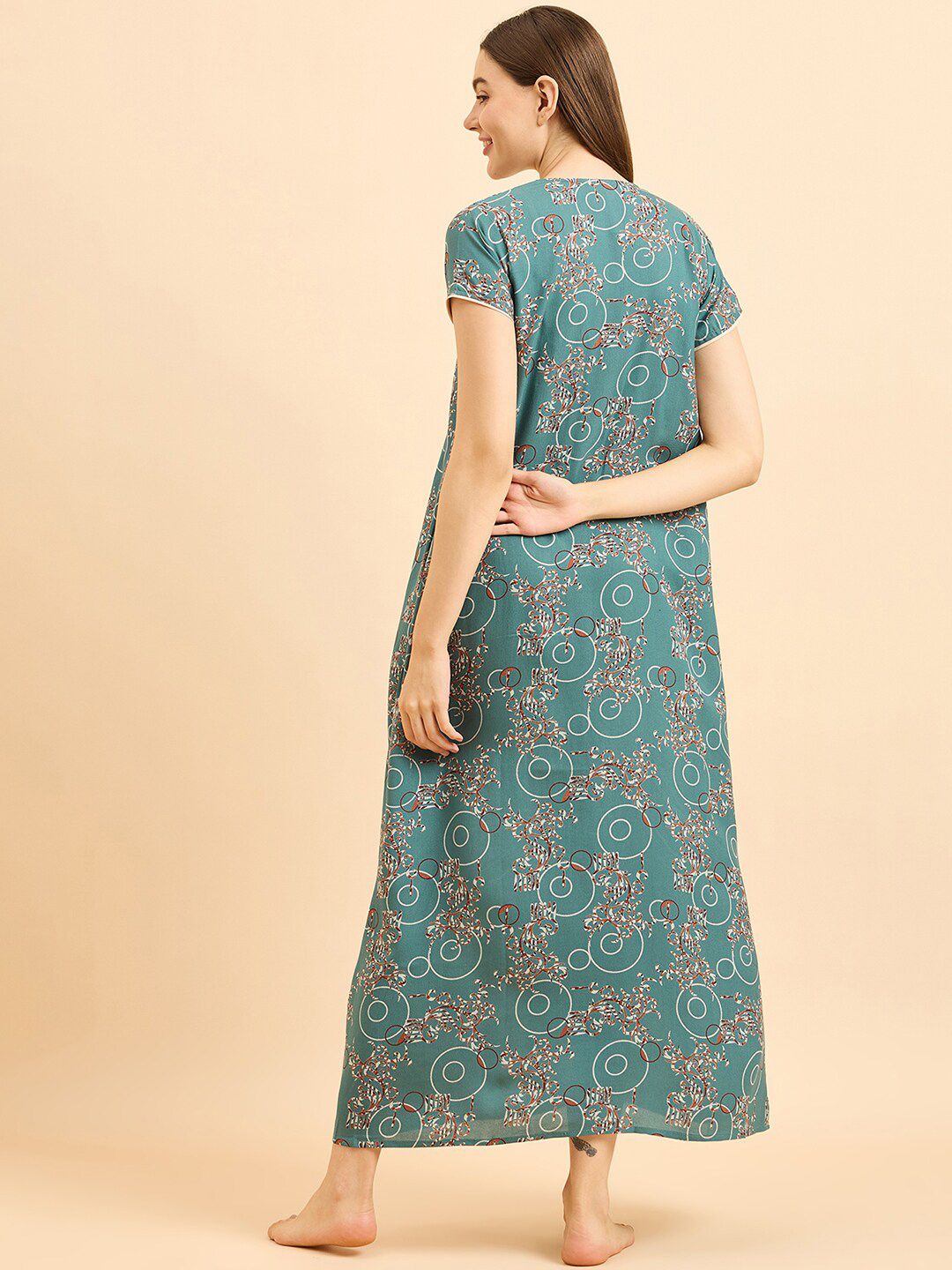 Sweet Dreams Green Pure Cotton Printed Maxi Nightdress
