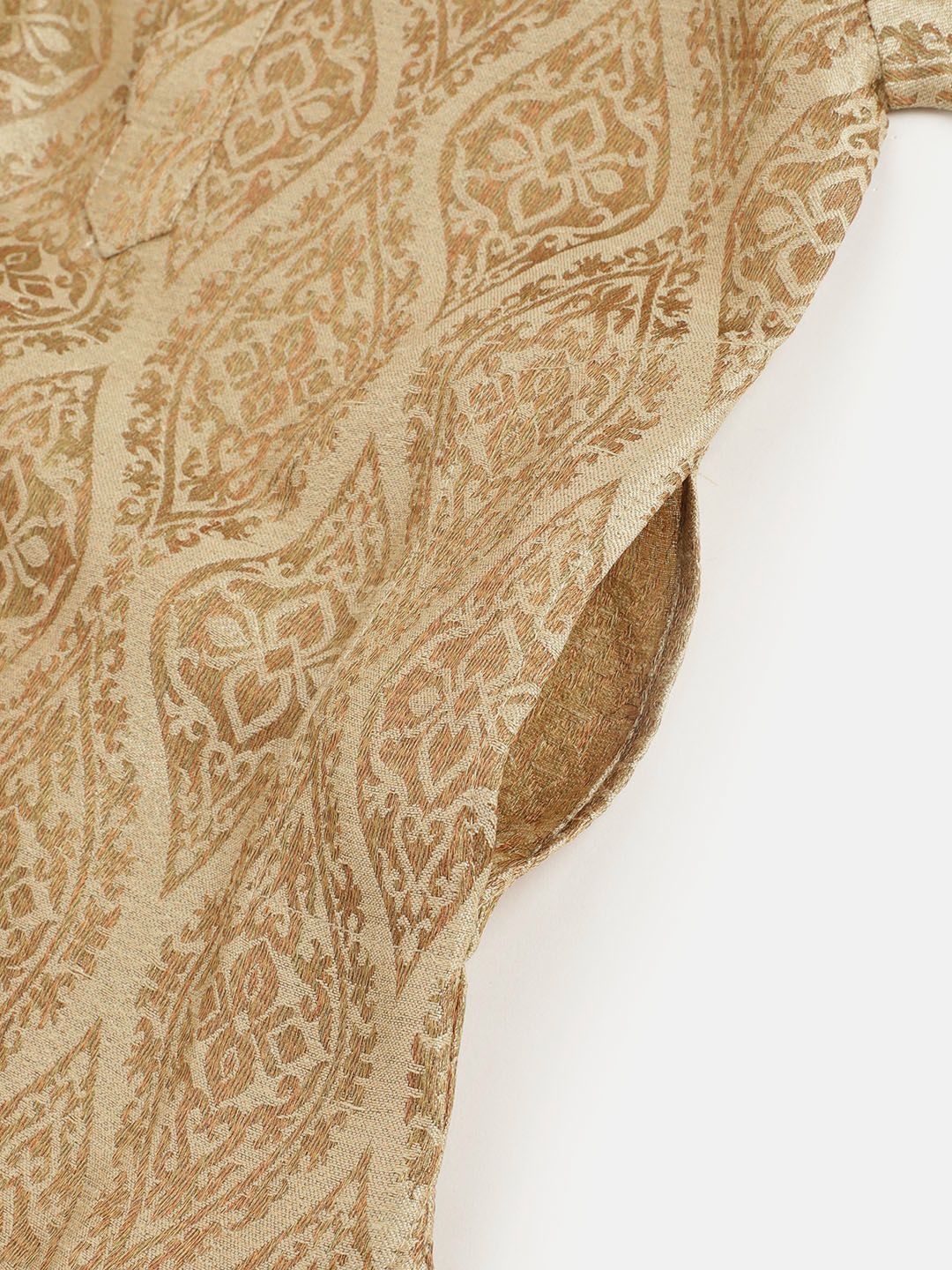 SOJANYA Lelaki Beige & Coklat Motif Etnik Rekaan Tenunan Jacquard Tenunan Kolar Jalur Kurta