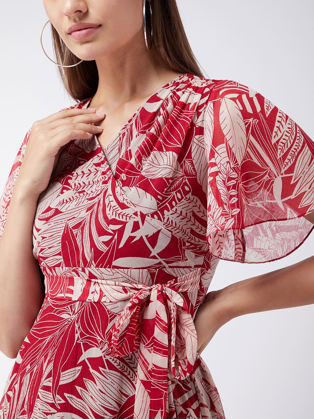 Miss Chase Maroon & Peach-Coloured Tropical Printed Gathered Chiffon Midi Dress