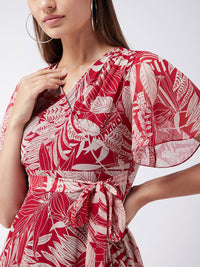 Miss Chase Maroon & Peach-Coloured Tropical Printed Gathered Chiffon Midi Dress