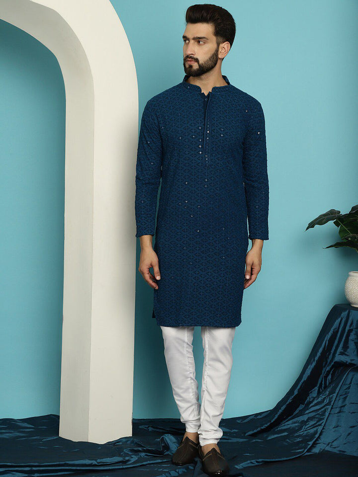 SOJANYA Ethnic Motifs Embroidered Regular Sequined Pure Cotton Kurta With Churidar