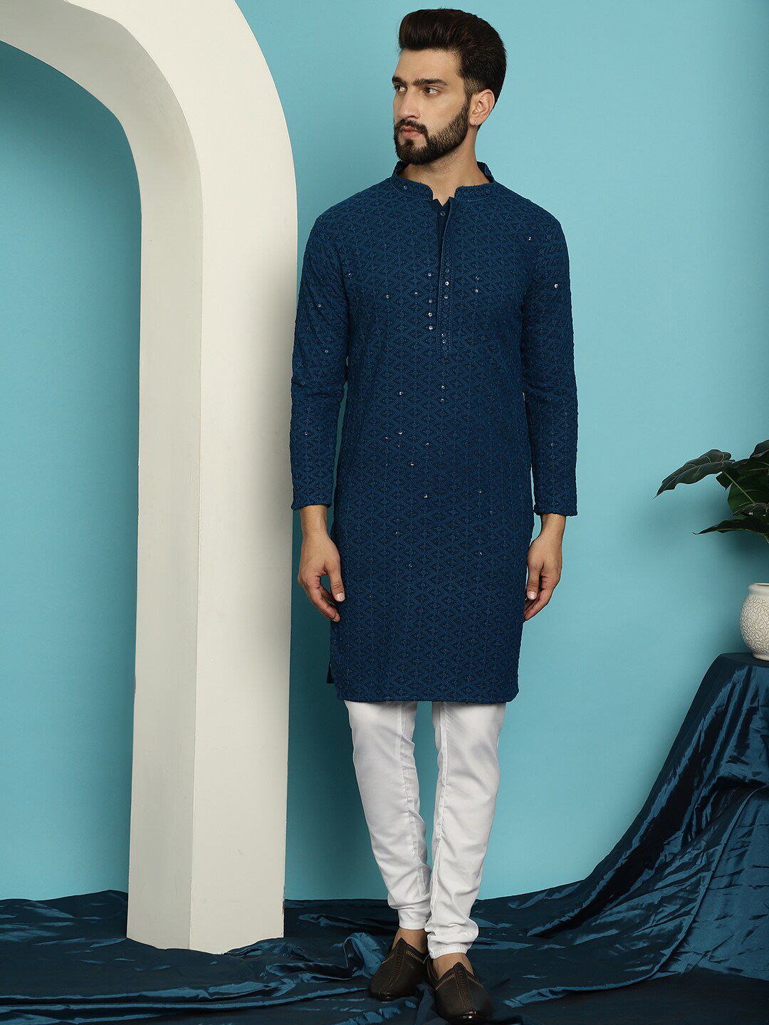 SOJANYA Ethnic Motifs Embroidered Regular Sequined Pure Cotton Kurta With Churidar