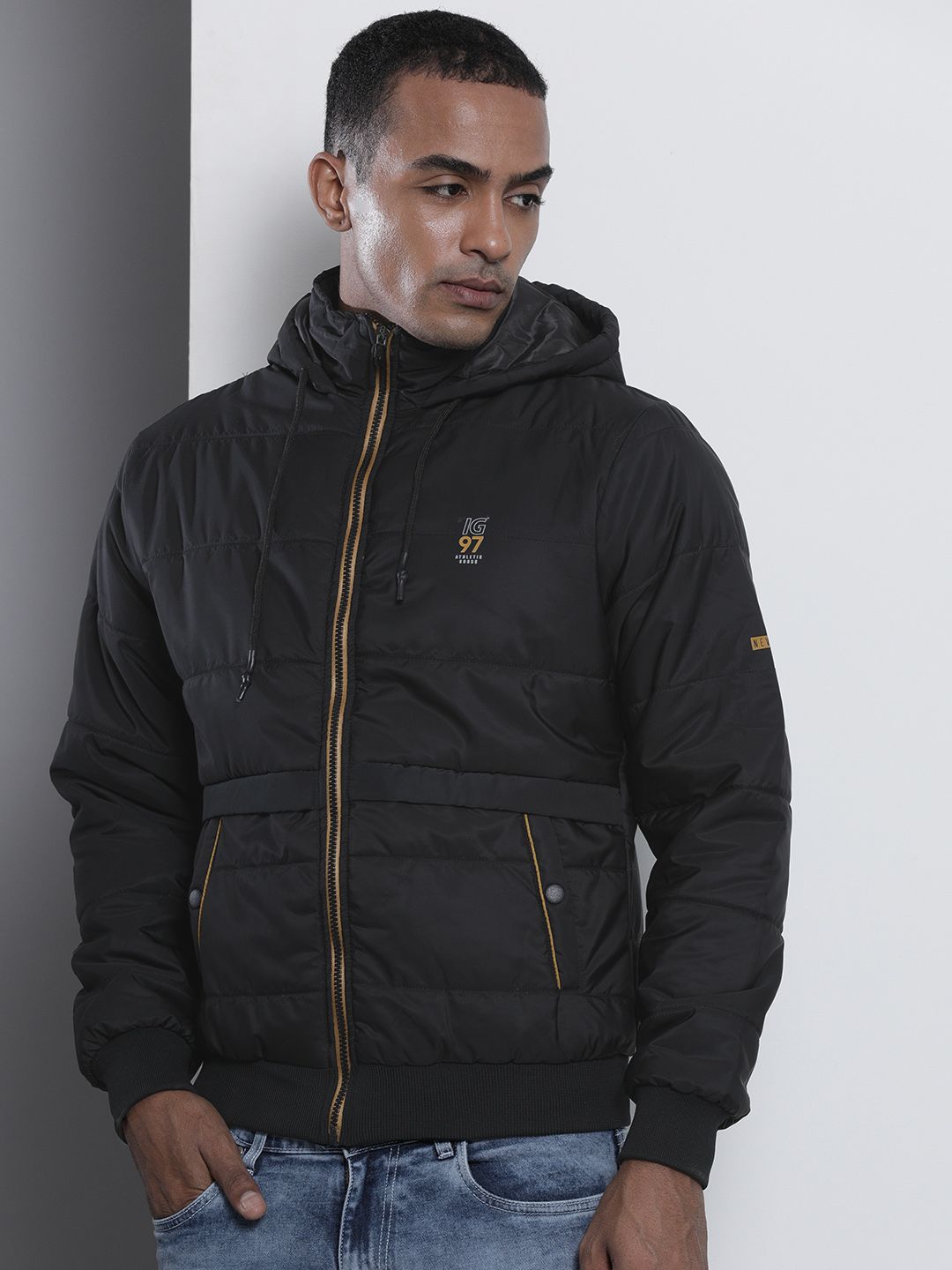 The Indian Garage Co Men Slim Fit Zip-Front Puffer Jacket with Hood