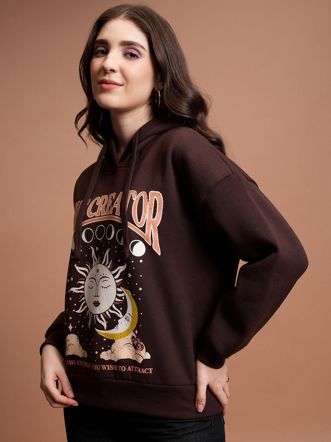 Tokyo Talkies Brown Graphic Printed Hooded Oversized Sweatshirt