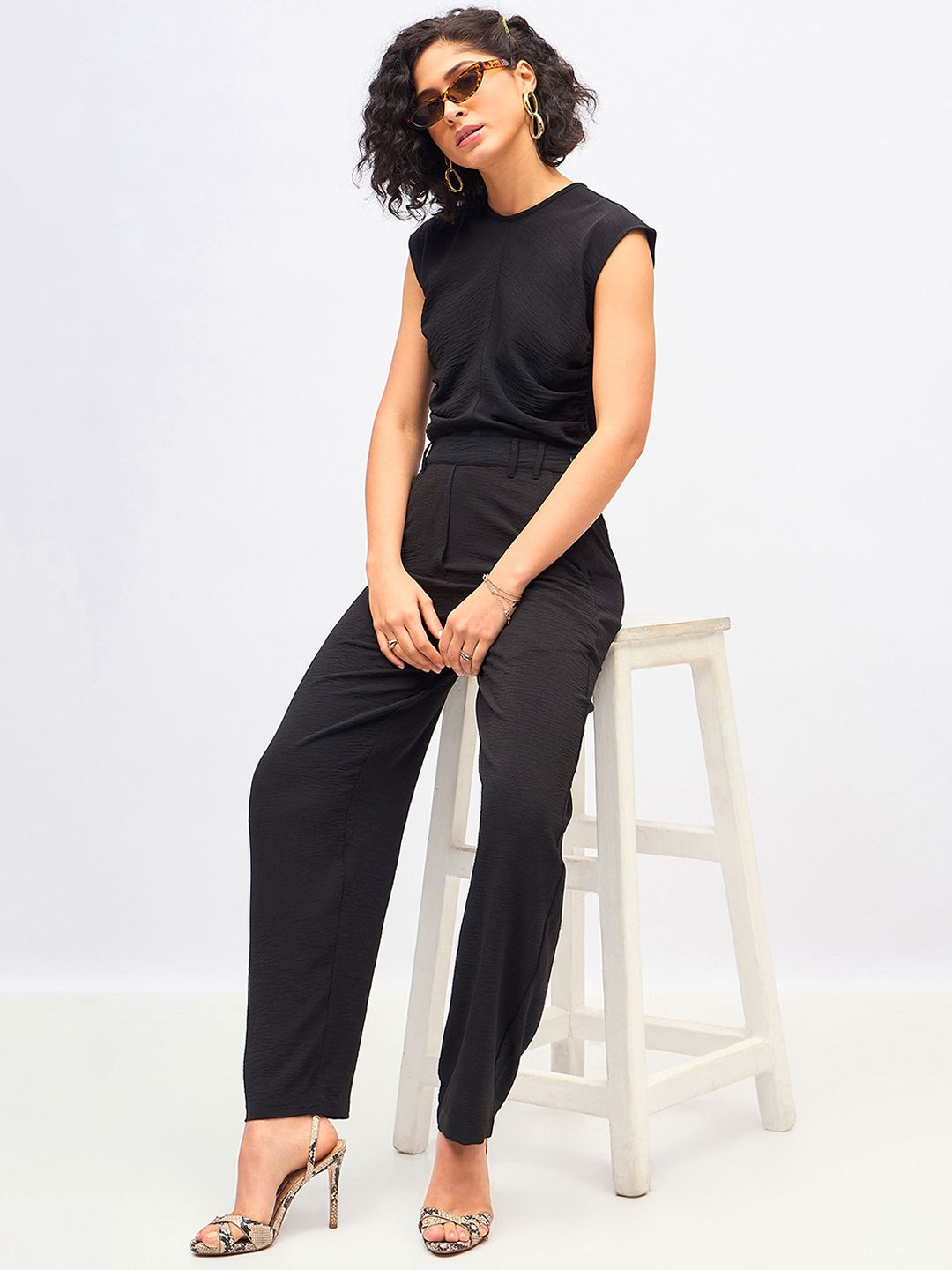 SASSAFRAS Black Pleated Sleeveless Top With Trouser