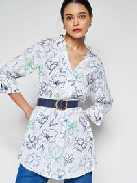 AND Print Mandarin Collar Roll-Up Sleeves Shirt Style Top