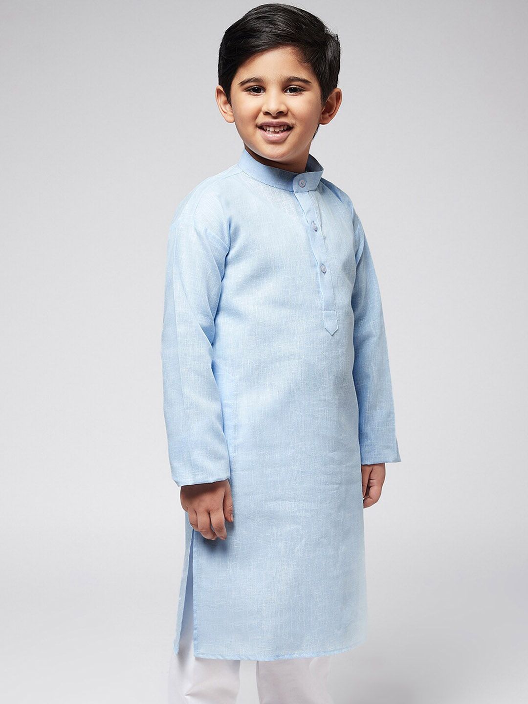 SOJANYA Boys Blue & White Solid Mandarin Collar Straight Kurta