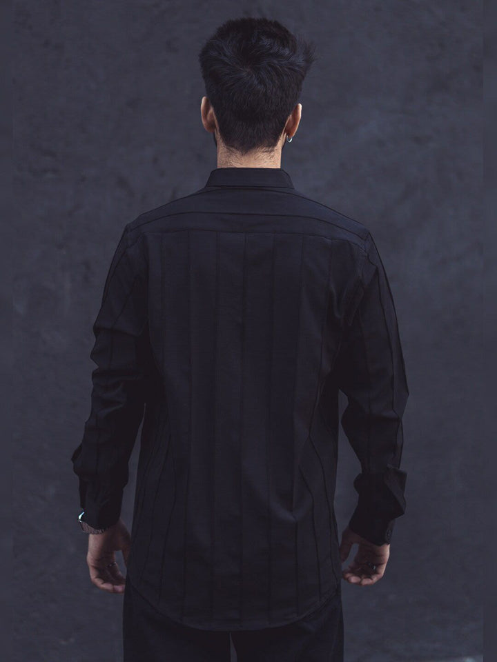 Powerlook Black Vertical Striped Dobby Casual Shirt