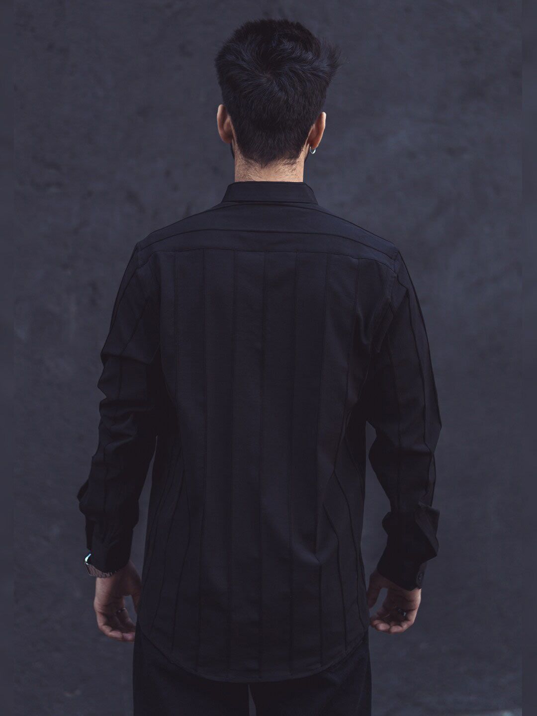 Powerlook Black Vertical Striped Dobby Casual Shirt