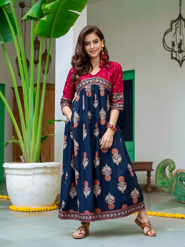 Rustorange Red & Navy Blue Ethnic Motifs Printed Maxi Dress