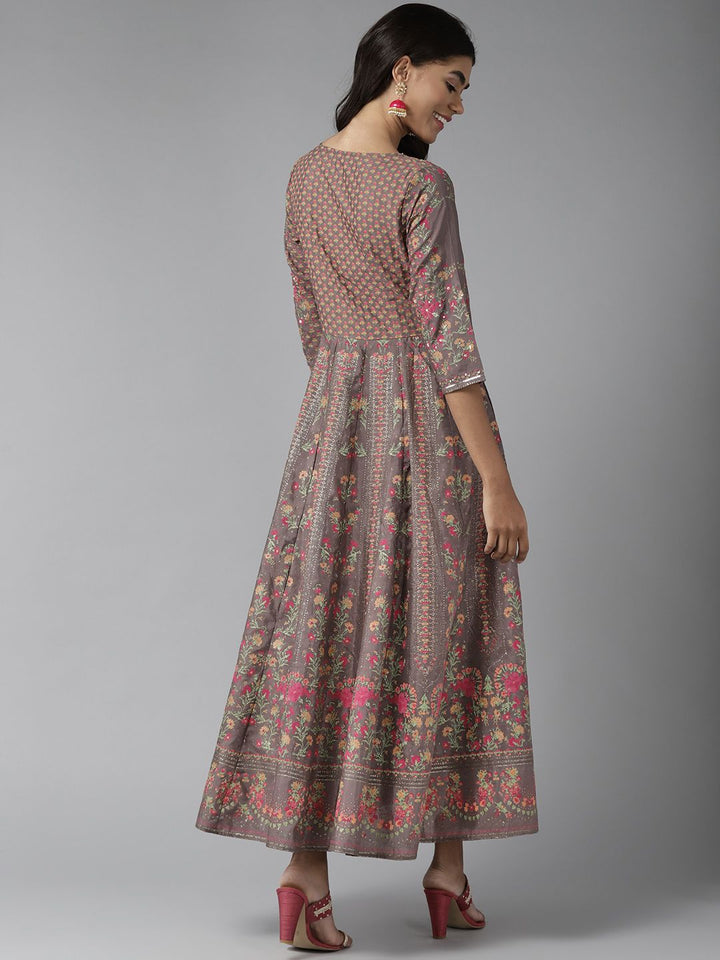 W Women Brown & Pink Ethnic Motifs Printed A-Line Maxi Dress