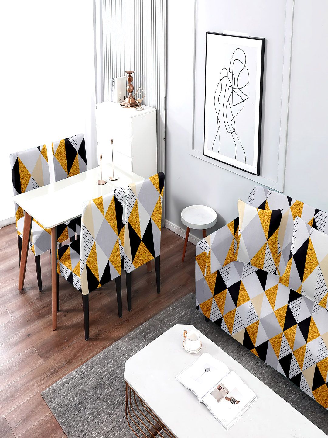 Cortina White & Yellow Printed 3-Seater Stretchable Non-Slip Sofa Slipcover