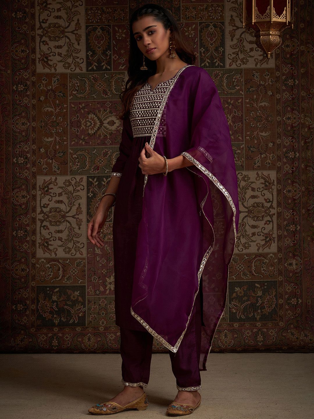 Indo Era Yoke Design Embroidered Regular Kurta With Trousers & With Dupatta