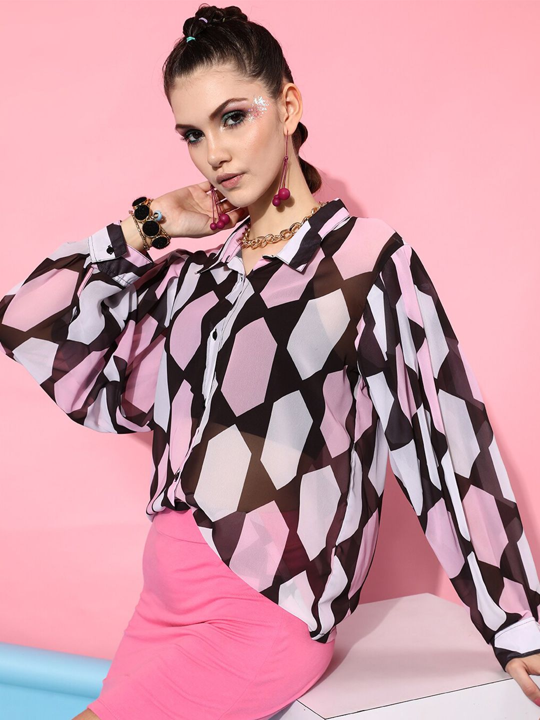 STREET 9 Women Black & Pink Sheer Geometric Printed Casual Shirt