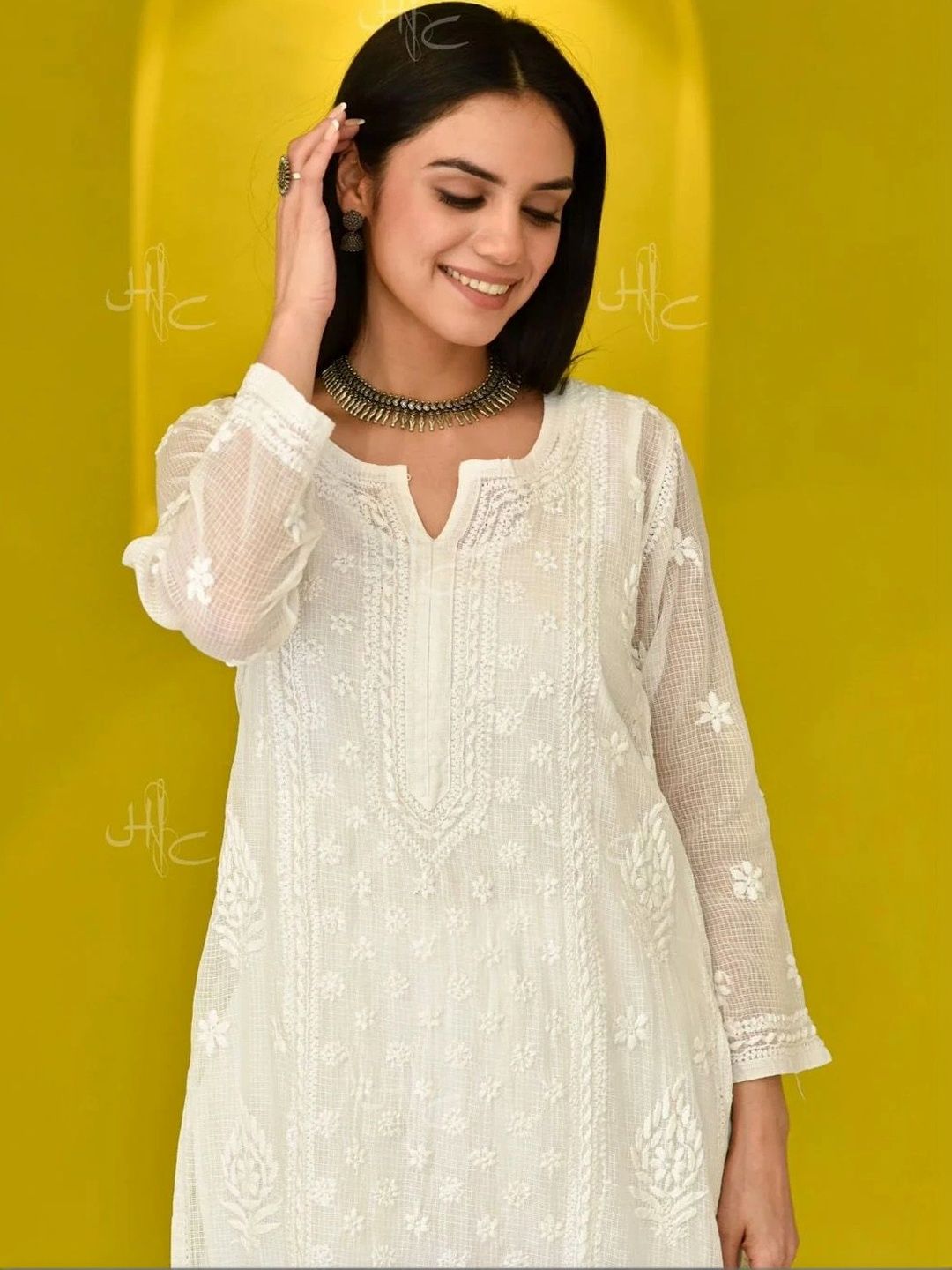 Rumah Wanita Chikankari Motif Etnik Sulam Benang Kerja Kurta