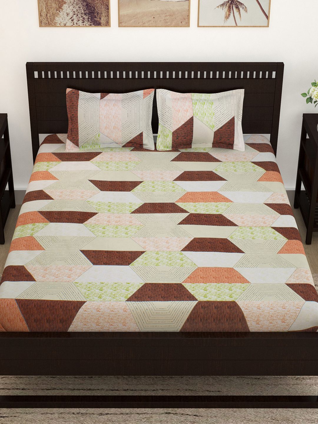 Story@home Brown Geometric Flat 144 TC Cotton 1 Double Bedsheet with 2 Pillow Covers