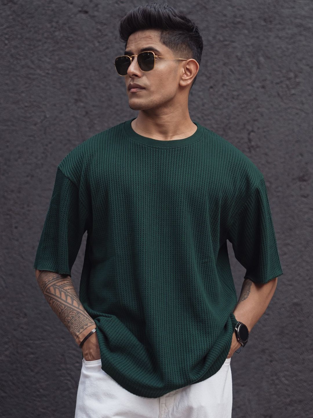 Powerlook Blue Cotton Round Neck Oversized T-shirt