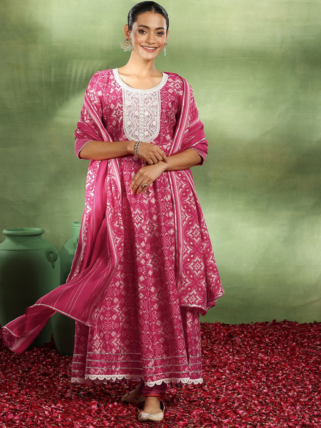 Libas Ethnic Motifs Printed Empire Thread Work Kurta with Churidar & Dupatta
