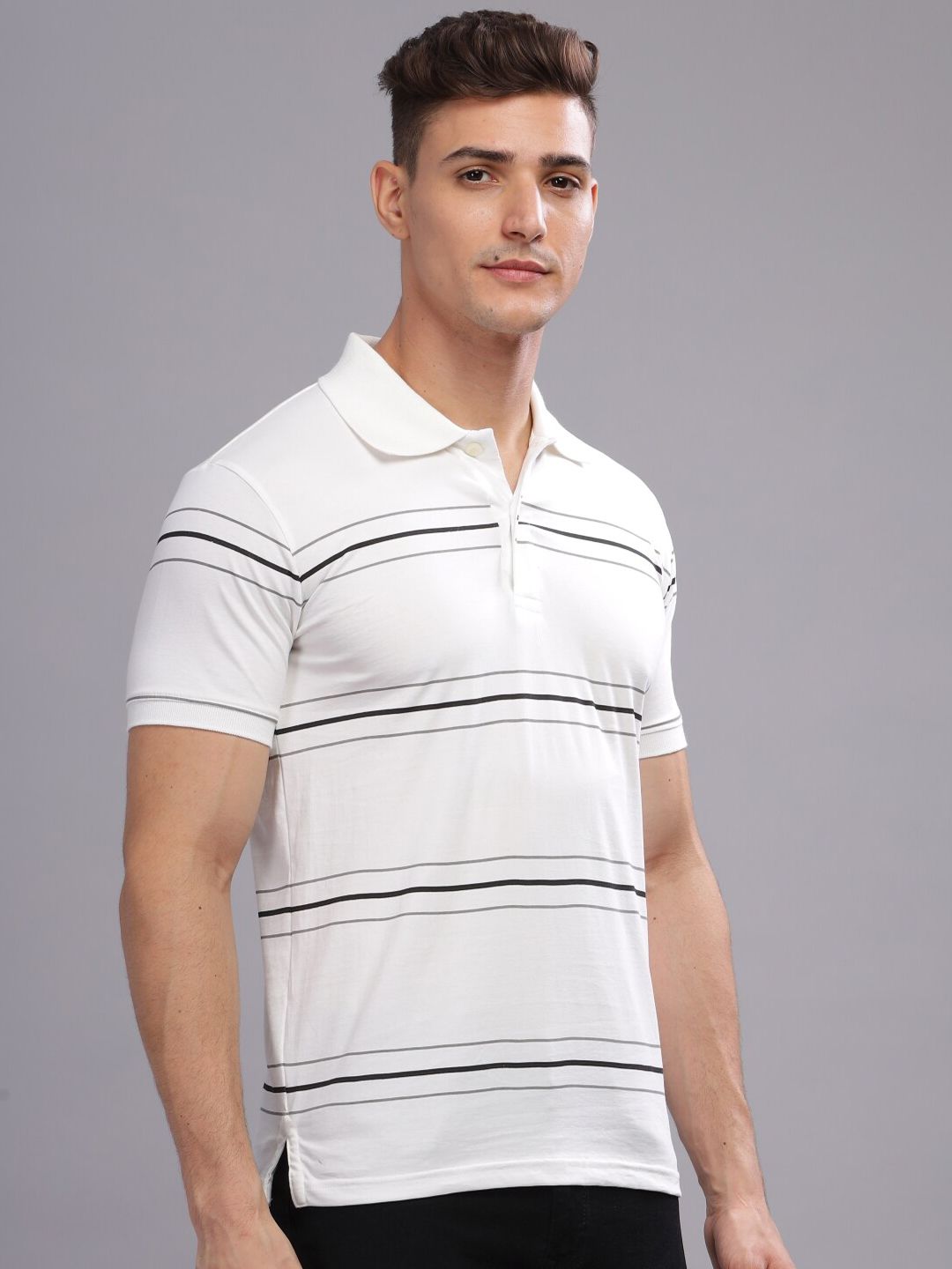 ADRO Striped Printed Polo Collar Short Sleeves Cotton Oversized Casual T-shirt