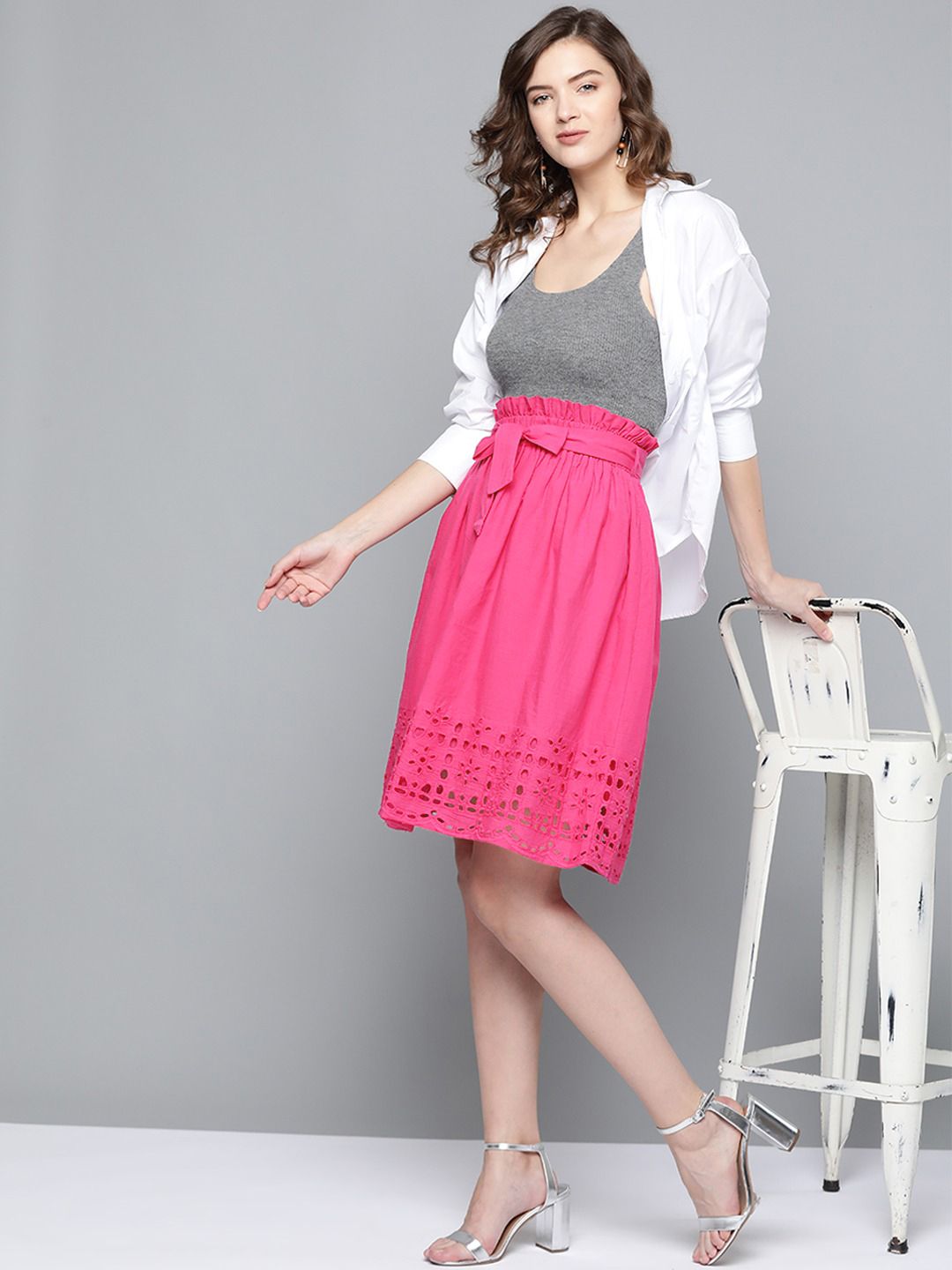 SASSAFRAS Fuchsia Pink Pure Cotton Schiffli Detail Flared Skirt with Belt