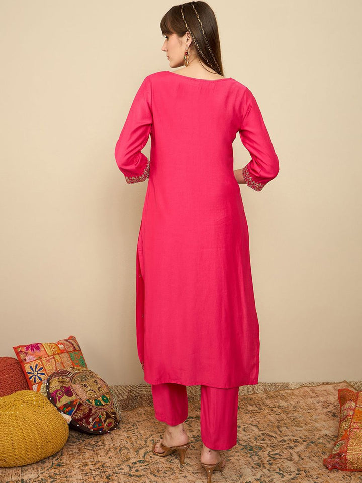 Indo Era Floral Embroidered Liva Straight Kurta With Trousers
